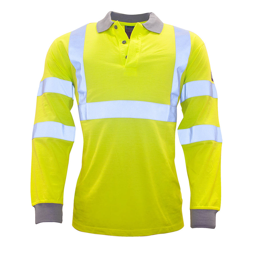 Yellow flame resistant anti static long sleeve polo shirt with grey collar and grey wrist cuffs. Hi vis band across the chest. two shoulder bands and two arm bands.