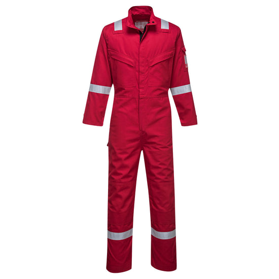 Red Bizflame Ultra Coverall with reflective wrists, shoulders and ankles with chest pockets and zip fasten.