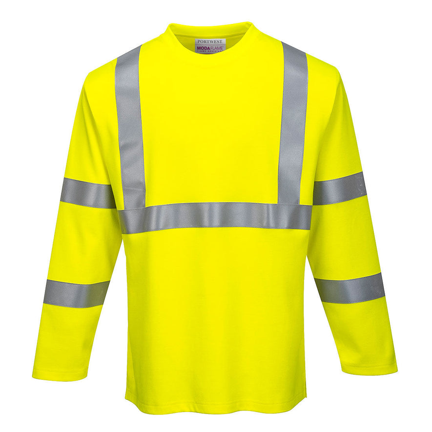 Yellow flame resistant anti static long sleeve t-shirt. Hi vis band across the chest. two shoulder bands and two arm bands.