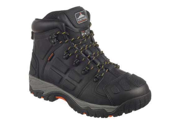 Black Portwest Steelite Monsal Safety Boot. Boot has a black sole and grey sole upper, Protective toe and black and yellow laces.