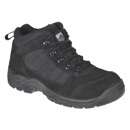 Black Portwest Steelite Trouper Safety Boot. Boot has a black sole, Protective toe and black laces. Boot has Light black mesh on the sides of the boot.