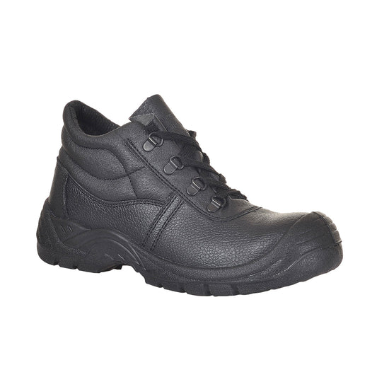 Black Portwest Steelite Protector Safety Boot. Boot has a black sole, Protective toe and black laces and a toe scuff cap.