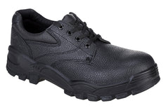 Black Portwest Steelite Protector Safety Shoe. Shoe has a black sole, Protective toe and black laces.