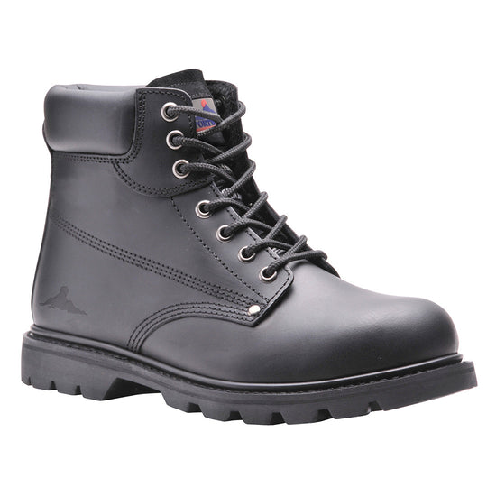 Black Portwest Steelite Welted Safety Boot. Boot has a Black sole, Protective toe and Black laces.