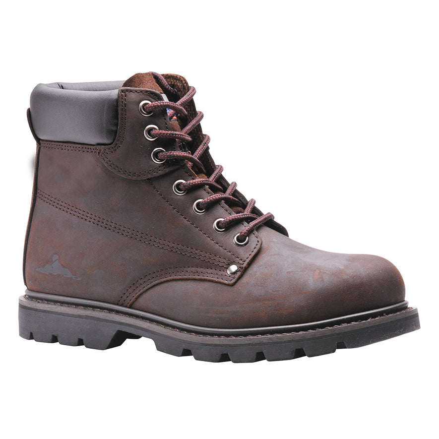 Brown Portwest Steelite Welted Safety Boot. Boot has a black sole, Protective toe and brown laces.