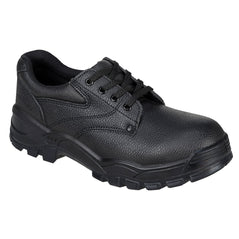 Portwest Black Work Shoe. Shoe has a black sole, Black body, protective toe and black laces.