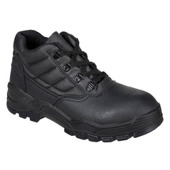 Portwest Black Work Boot. Boot has a black sole, Black body, protective toe and black laces.