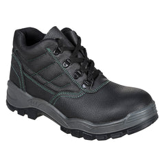 Black Portwest Steelite Safety Boot. Boot has a black sole a grey sole upper, Protective toe and black laces.