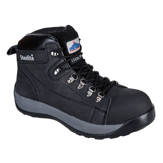 Black Portwest Steelite Mid Cut Nubuck Boot. Boot has a black sole and grey sole upper. Protective toe and black laces.