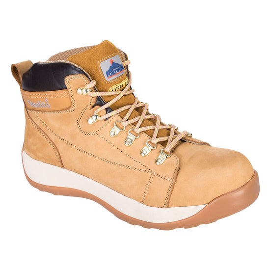 Honey Portwest Steelite Mid Cut Nubuck Boot. Boot has a Honey sole and white sole upper. Protective toe and honey laces.
