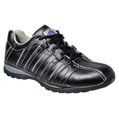 Black Portwest Steelite Arx Safety Trainer. Trainer has a black sole. Protective toe and black laces.