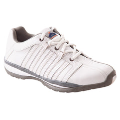 White Portwest Steelite Arx Safety Trainer. Trainer has a grey sole. Protective toe and white laces.