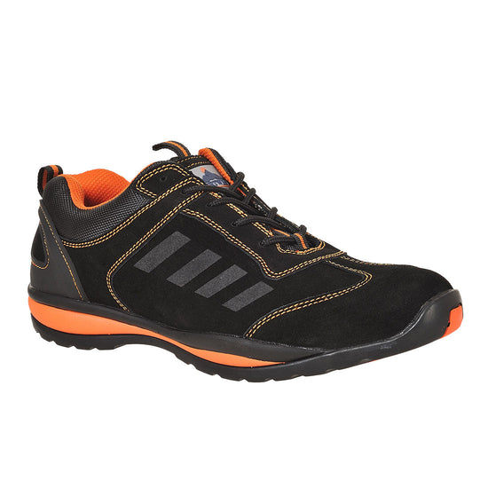 Black Portwest Steelite Lusum Safety Trainer. Trainer has a black sole Orange sole upper, Protective toe and black laces. Trainer has Orange contrast through out.