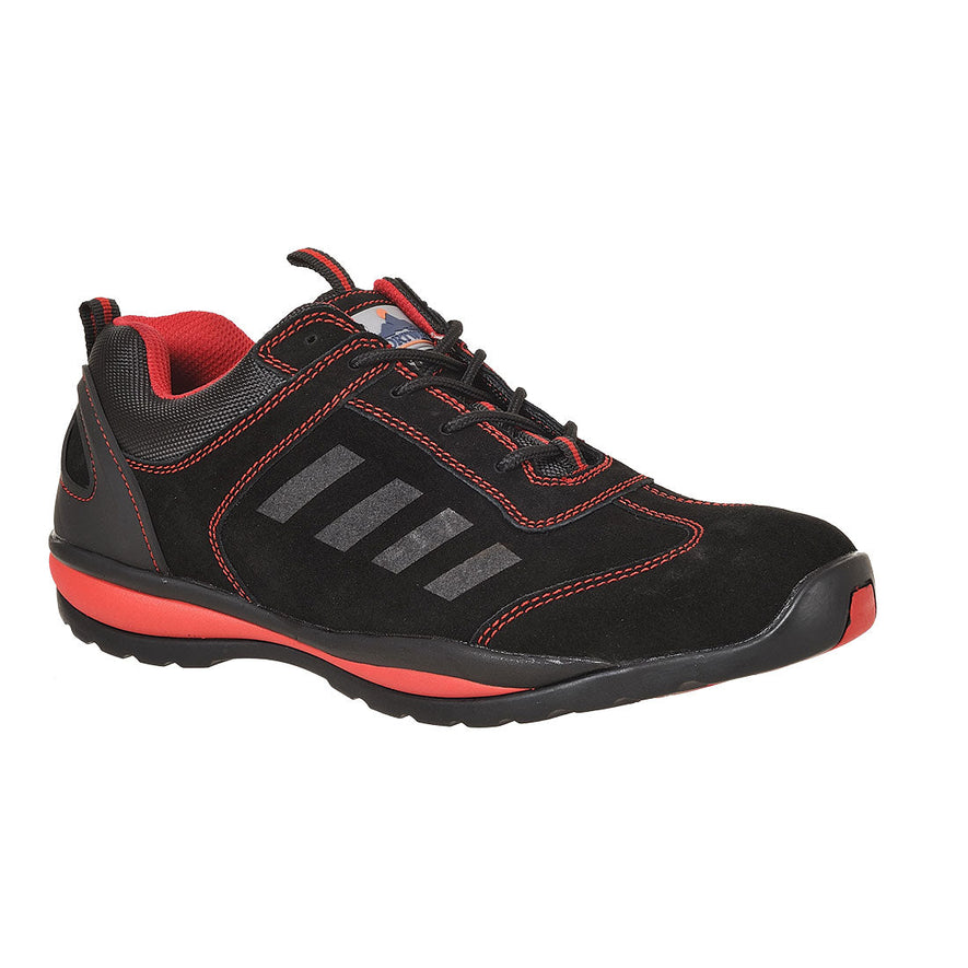 Black Portwest Steelite Lusum Safety Trainer. Trainer has a black sole Red sole upper, Protective toe and black laces. Trainer has Red contrast through out.