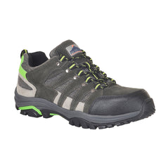 Black Portwest Steelite Loire Low cut Safety Trainer. Trainer has a black sole, Protective toe and black and green laces. Boot has grey and green contrast through out.