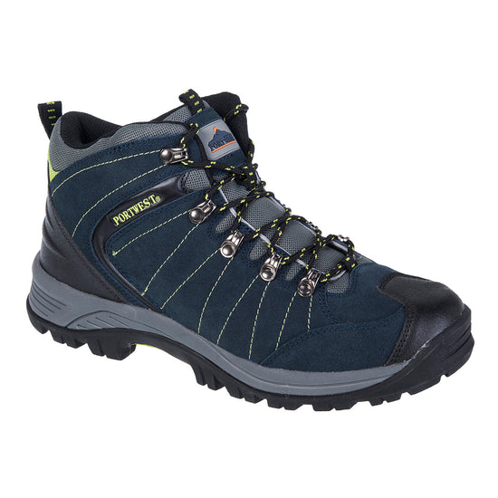 Navy portwest limes occupation Hiker boot. Boot has yellow stitching and black/ grey sole with a protective toe. Laces have black and yellow contrast and tongue of the boot has portwest branding.