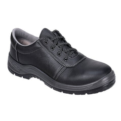 Black Portwest Steelite Kumo Shoe. Shoe has a black sole and grey sole upper, Protective toe and black and white laces.