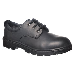 Black Portwest Steelite Thor Safety Shoe. Shoe has a black sole, Protective toe and black laces. 