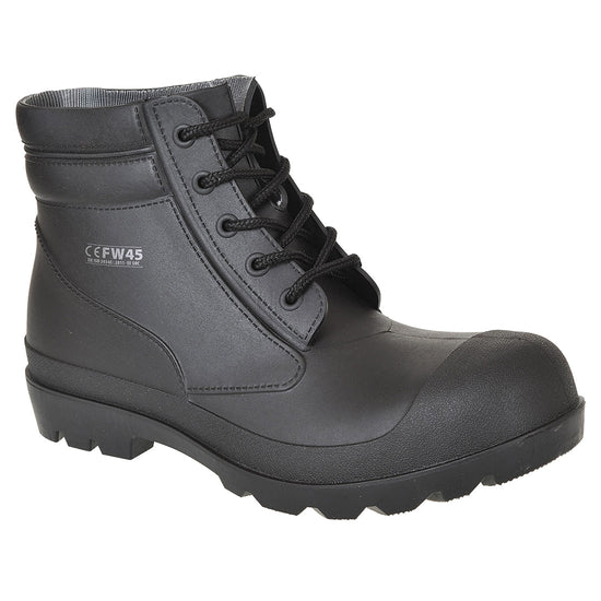 Black Portwest PVC boot. Boot has a scuff cap. Protective toe and black sole.