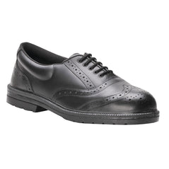 Black Portwest Steelite Safety Brogue Shoe. Shoe has a black sole, Protective toe and black laces.