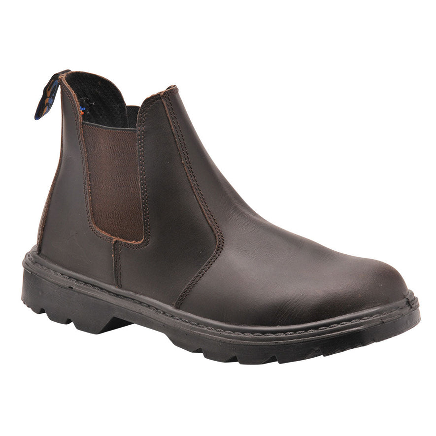 Brown Portwest Steelite Dealer Boot. Boot has a black sole, Protective toe and dealer boot elasticated tighten.