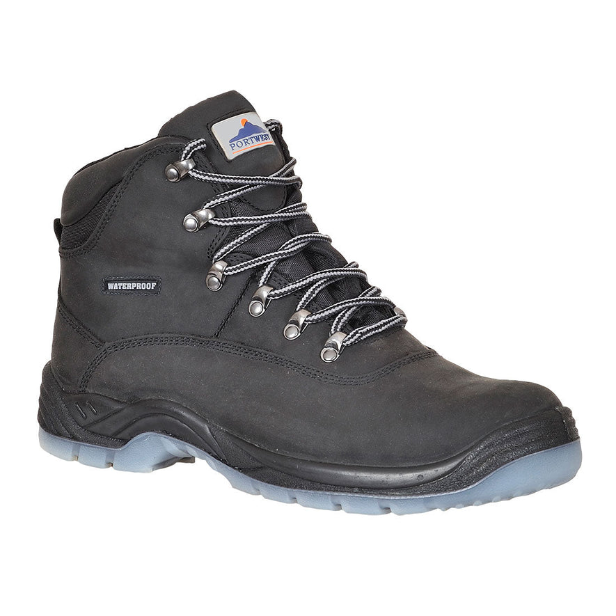 Black Portwest Steelite All Weather Safety Boot. Boot has a blue sole. Protective toe and black and white laces laces.