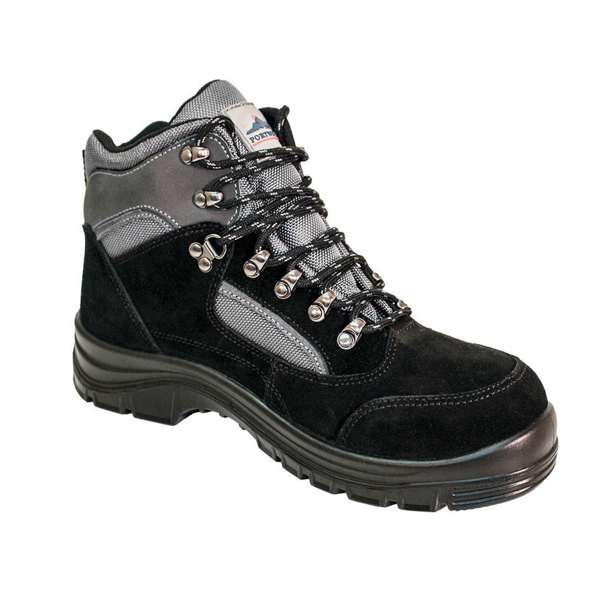 Black Portwest Steelite All Weather Safety Hiker Boot. Boot has a black sole. Protective toe and black and white contrast on the tounge and boot upper. Boot also has black and white laces.