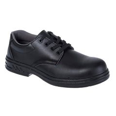 Black Portwest Steelite Safety Shoe. Shoe has a black sole, Protective toe and black laces.