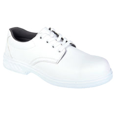 White Portwest Steelite Safety Shoe. Shoe has a white sole, Protective toe and white laces.