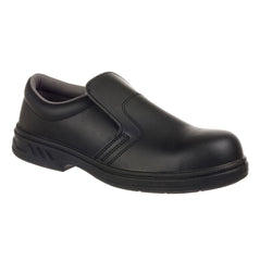 Black Slip On Safety Shoe with stitching, tongue on top and grey inner lining.