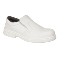 White Slip On Safety Shoe with stitching, tongue on top and grey inner lining.