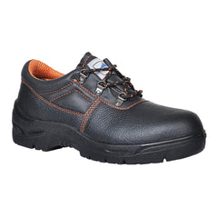 Black Portwest Steelite Ultra Safety Shoe. Shoe has a black sole, protective toe, black and orange laces and orange inner and stitching.