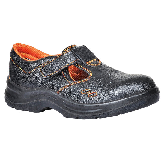 Black Portwest Steelite Ultra Safety Sandal. Sandal a black sole, protective toe, velcro fasten and has perforated parts through out for breathability and orange inner.
