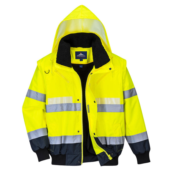 Yellow and navy hi vis glowtex three in one jacket. Jacket is zip fasten and has two hi vis bands across the body, shoulders and arms. Jacket also has navy contrast on the Bottom of the jacket and arms and visible hood.