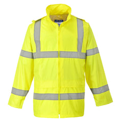 Yellow Hi Vis rain jacket. Jacket has hi vis bands on the arms, body and shoulders. Jacket has front fasten and two bottom pockets.