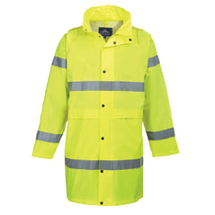 Hi vis coat 100cm in yellow with hi vis strips on the bottom, chest and arms of the coat.