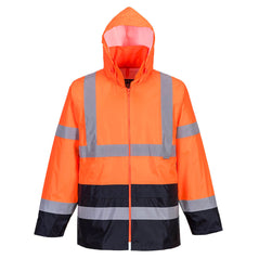 Orange Hi vis contrast rain jacket with two waist bands and shoulder bands. Zip fasten with waist pockets and visible hood. Jacket has navy contrast on the bottom of the jacket and arms.