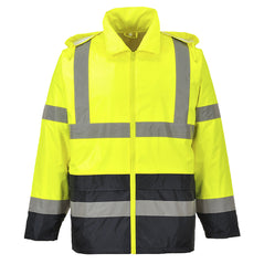 Yellow Hi vis contrast rain jacket with two waist bands and shoulder bands. Zip fasten with waist pockets and visible hood. Jacket has black contrast on the bottom of the jacket and arms.