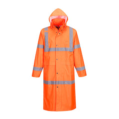 Hi vis coat 122cm in orange with hi vis strips on the bottom, chest and arms of the coat.