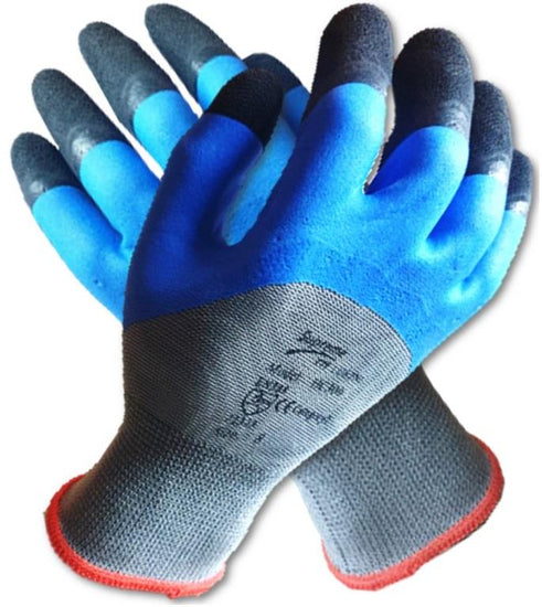 Blue and grey Supreme TTF HC-300 reinforced fingertip cut resistant gloves. Glove has dark navy accents. Perfect for outdoor handling and gardening.