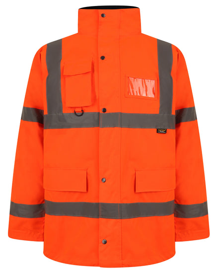 Orange Hi vis Traffic jacket with two waist bands and shoulder bands. Pop button fasten with a id holder and waist pockets.