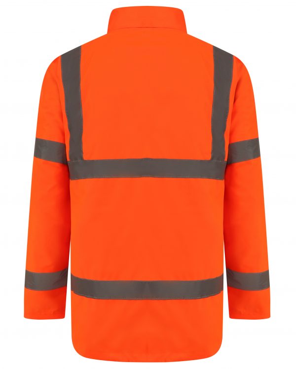 Orange Hi vis Traffic jacket with two waist bands and shoulder bands. Pop button fasten with a id holder and waist pockets.