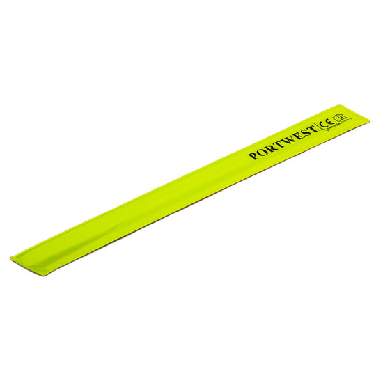 Yellow reflective slap on wrist band. Band has portwest branding.