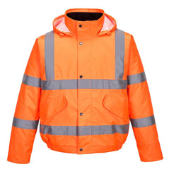 Orange Hi vis bomber jacket with two waist bands and shoulder bands. Pop button fasten with waist pockets and visible hood.