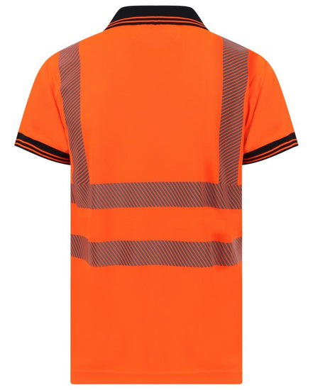 Orange Hi vis polo shirt short sleeve with navy accents on the collar and wrist cuff. Polo Shirts have two hi vis waist bands which are heat seal and hi vis shoulder bands.