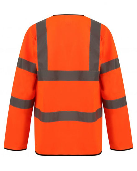 Back of Orange Hi vis long sleeve vest with two waist bands and shoulder bands.