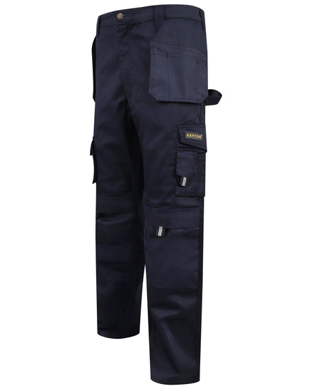 Navy Kapton heavy duty cargo trousers with holster pockets and d loop for a hammer.