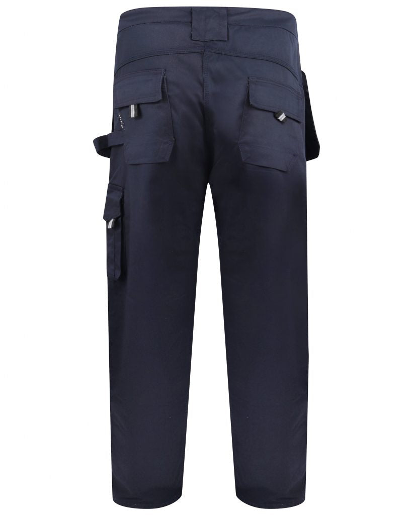 Navy Kapton heavy duty cargo trousers with holster pockets and d loop for a hammer.