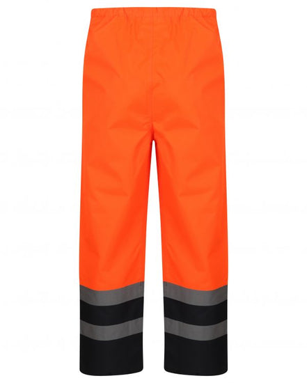 Orange Hi vis over trousers with two tone accents on the bottom of the trouser. Trousers have two hi vis bands and elasticated waist for tightening.