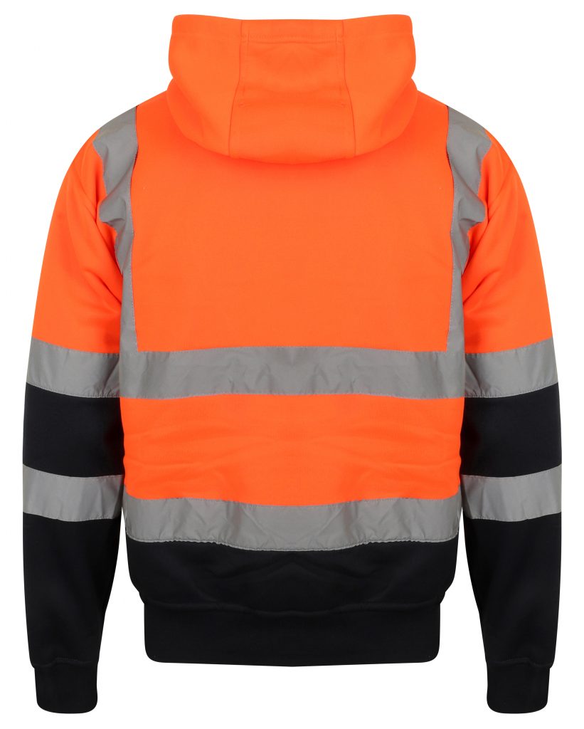 Back of Orange Hi vis hooded sweatshirt with two tone navy accents on the lower arms and bottom of sweatshirt. Visible hood.